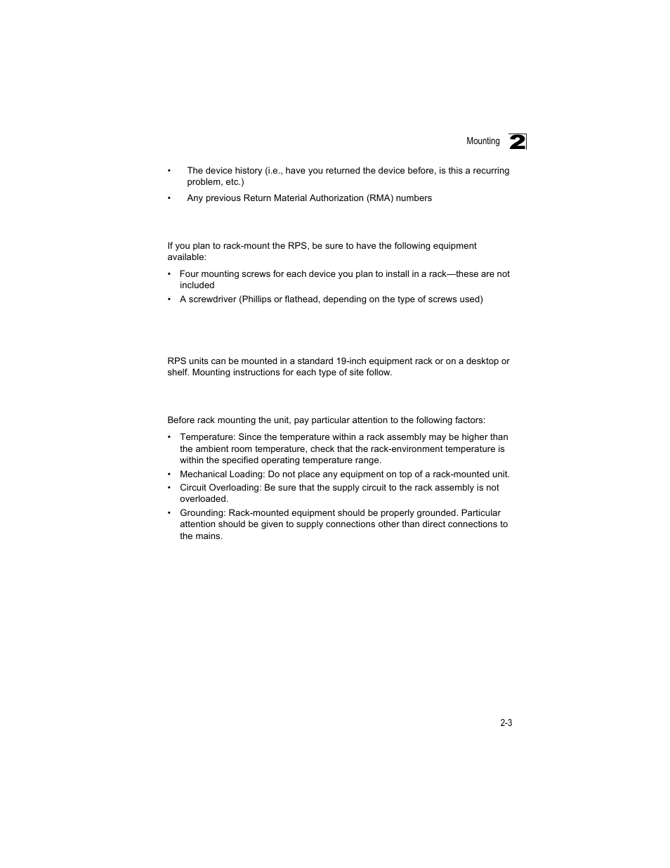 Optional rack-mounting equipment, Mounting, Rack mounting | Mounting 2-3 | Enterasys Networks VSER-RPU-SYS User Manual | Page 17 / 28