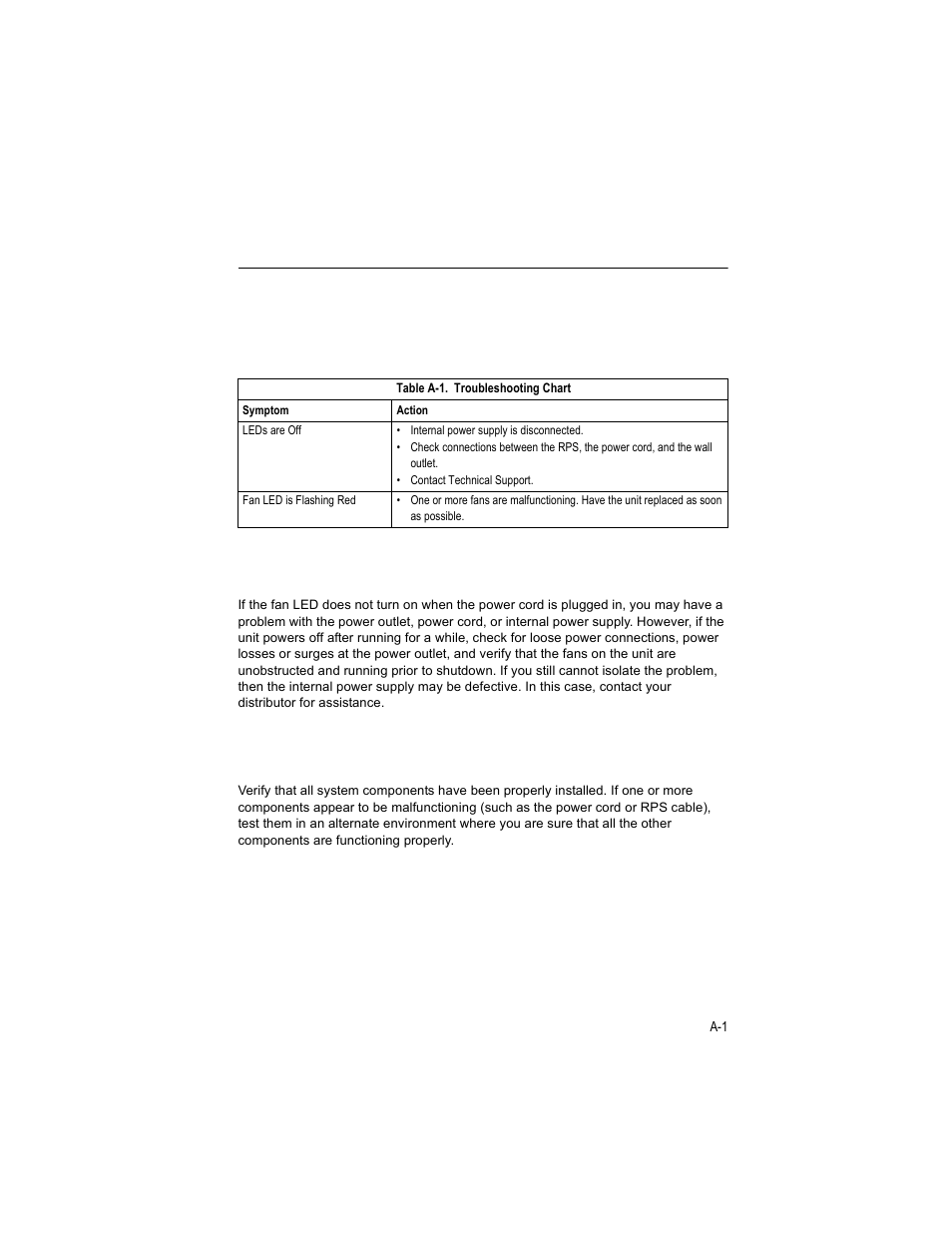 Troubleshooting, Diagnosing rps indicators, Power and cooling problems | Installation, Appendix a: troubleshooting, Installation a-1, Table a-1, Troubleshooting chart | Enterasys Networks VSER-RPU-SYS User Manual | Page 21 / 28