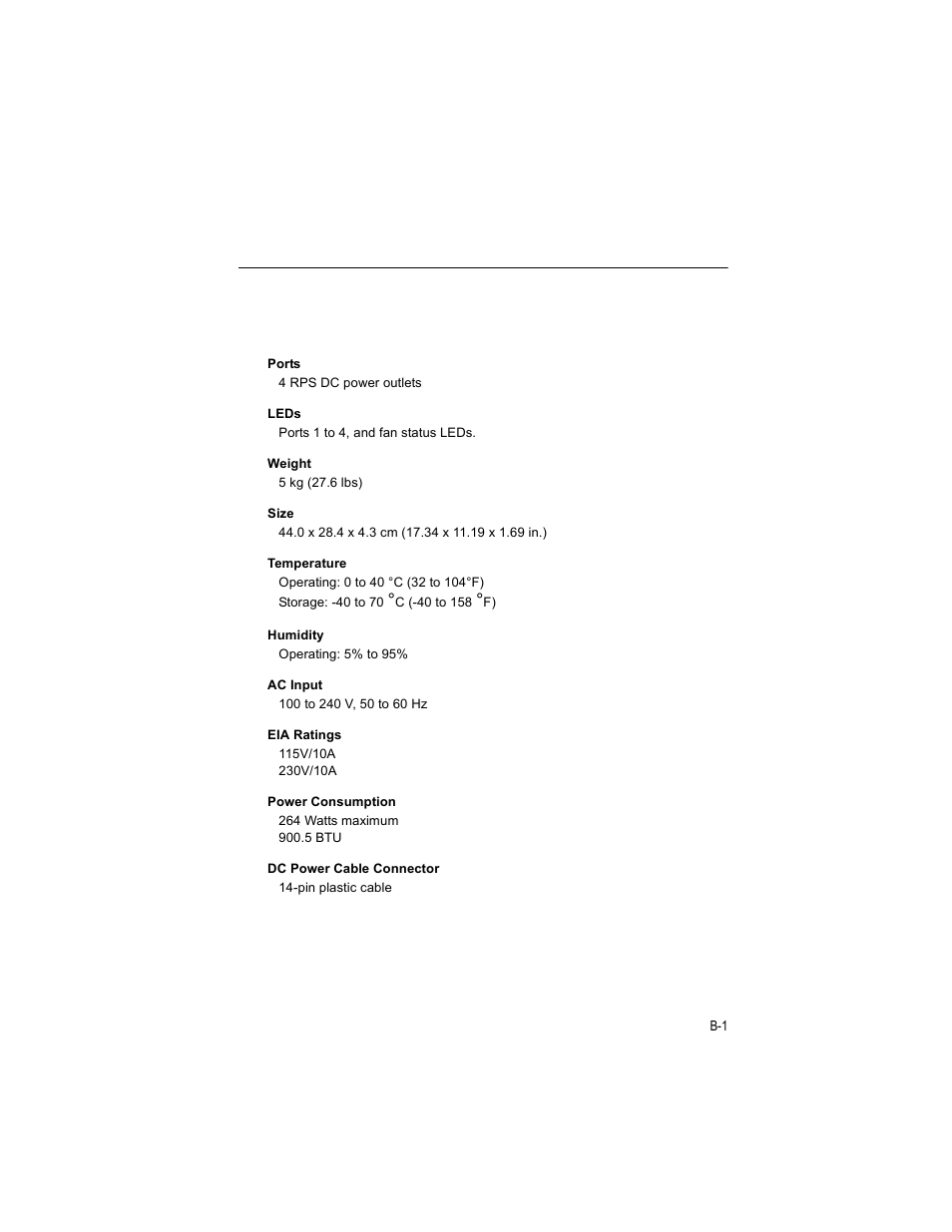 Specifications, Physical characteristics, Appendix b: specifications | Enterasys Networks VSER-RPU-SYS User Manual | Page 23 / 28