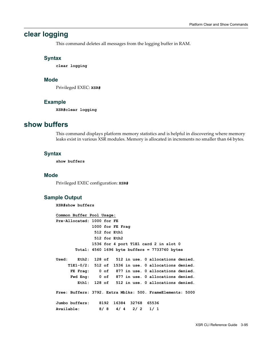 Clear logging, Show buffers | Enterasys Networks X-Pedition XSR CLI User Manual | Page 101 / 684