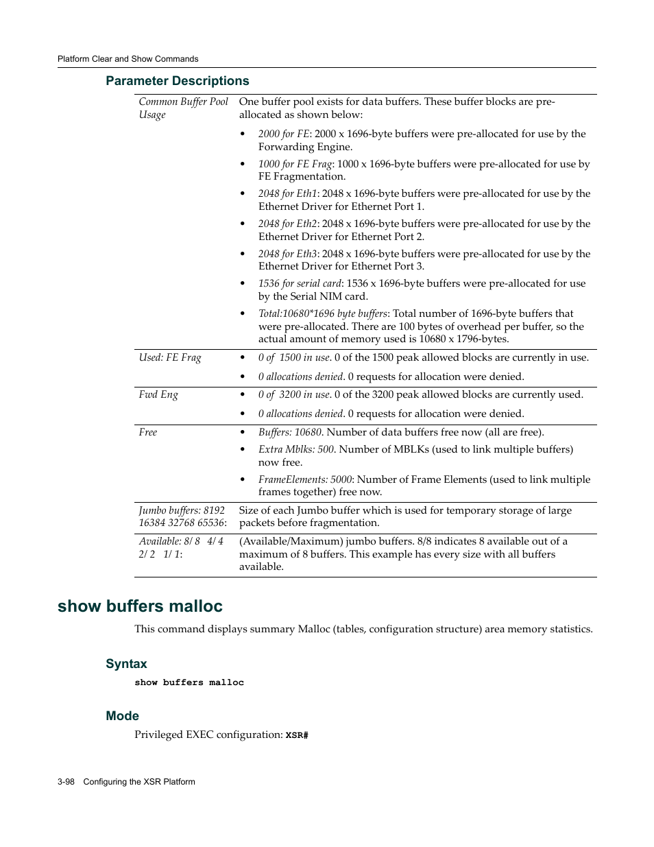 Show buffers malloc | Enterasys Networks X-Pedition XSR CLI User Manual | Page 104 / 684