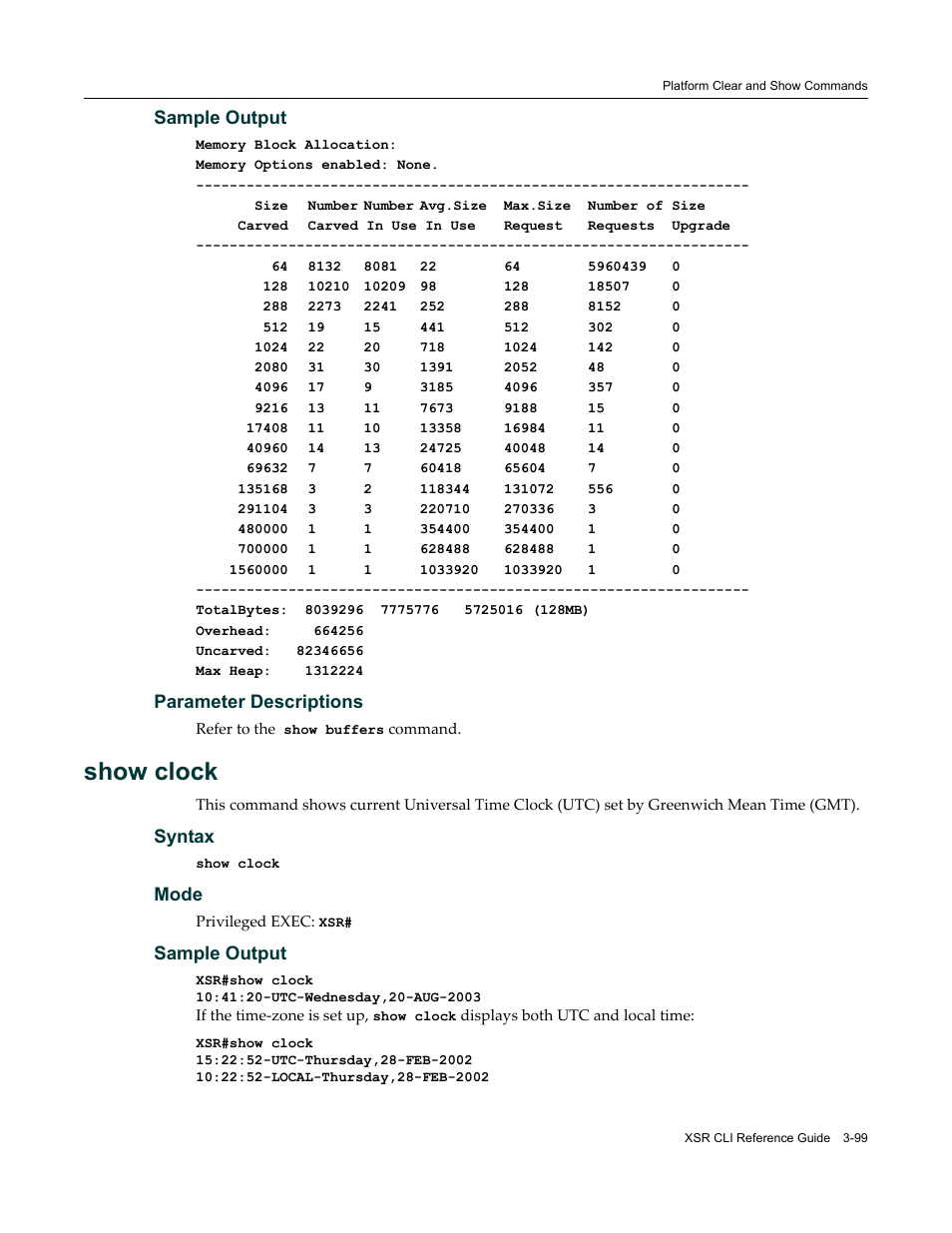 Show clock, Sample output, Parameter descriptions | Syntax, Mode | Enterasys Networks X-Pedition XSR CLI User Manual | Page 105 / 684
