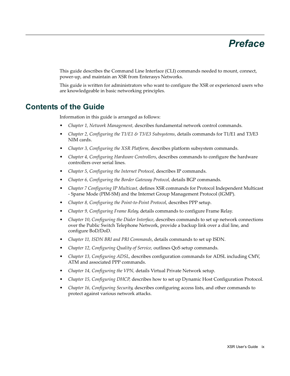 Preface, Contents of the guide | Enterasys Networks X-Pedition XSR CLI User Manual | Page 11 / 684