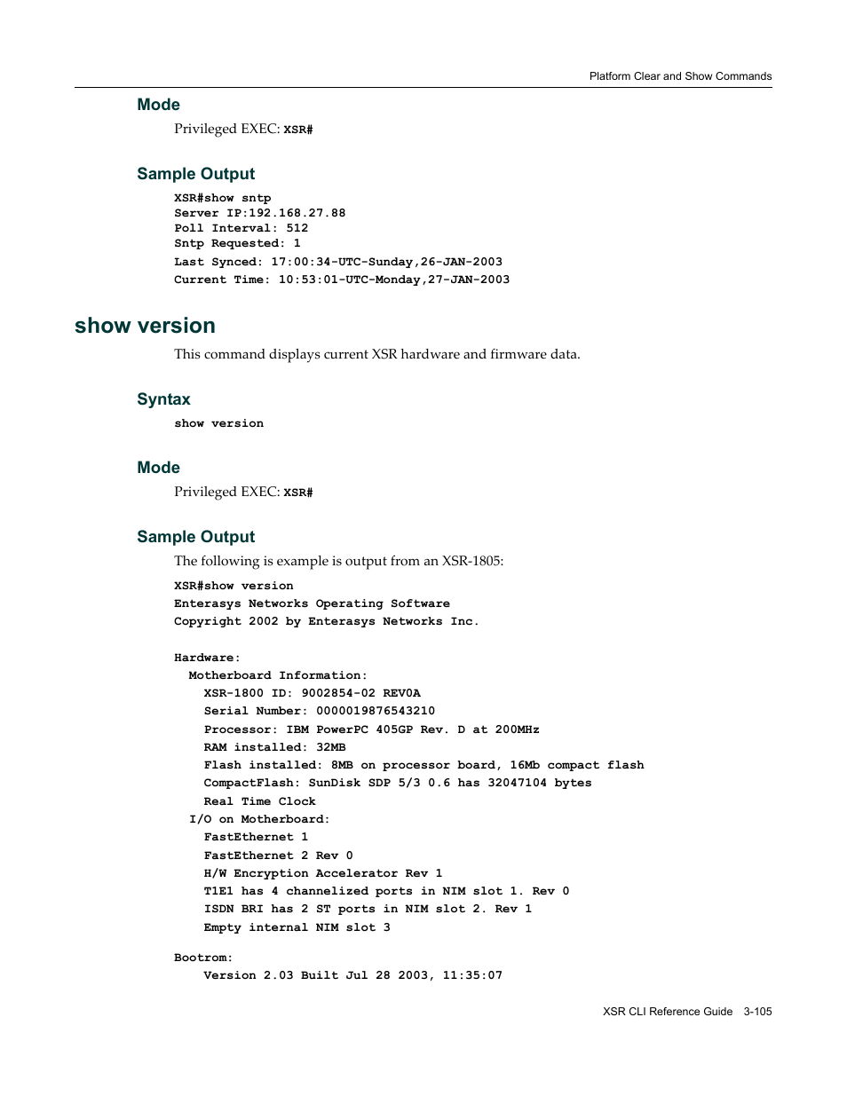 Show version | Enterasys Networks X-Pedition XSR CLI User Manual | Page 111 / 684