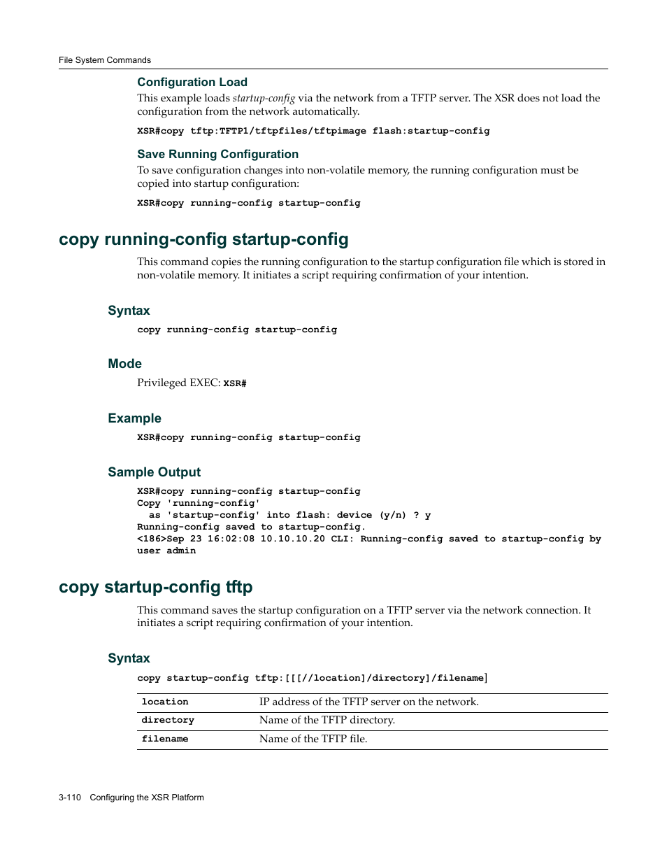 Copy running-config startup-config, Copy startup-config tftp | Enterasys Networks X-Pedition XSR CLI User Manual | Page 116 / 684