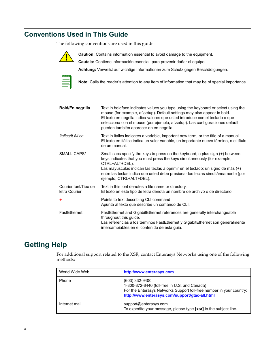 Conventions used in this guide, Getting help | Enterasys Networks X-Pedition XSR CLI User Manual | Page 12 / 684
