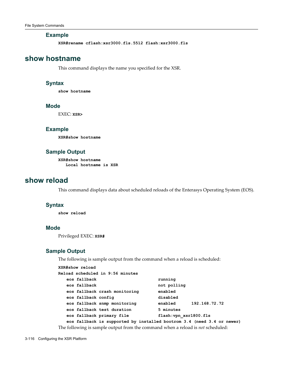 Show hostname, Show reload | Enterasys Networks X-Pedition XSR CLI User Manual | Page 122 / 684