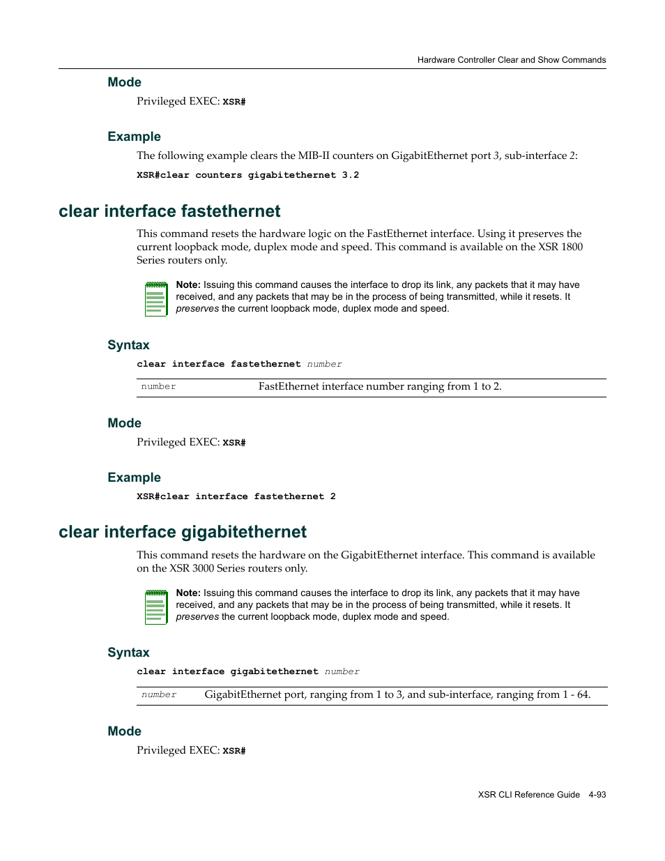 Clear interface fastethernet, Clear interface gigabitethernet | Enterasys Networks X-Pedition XSR CLI User Manual | Page 145 / 684