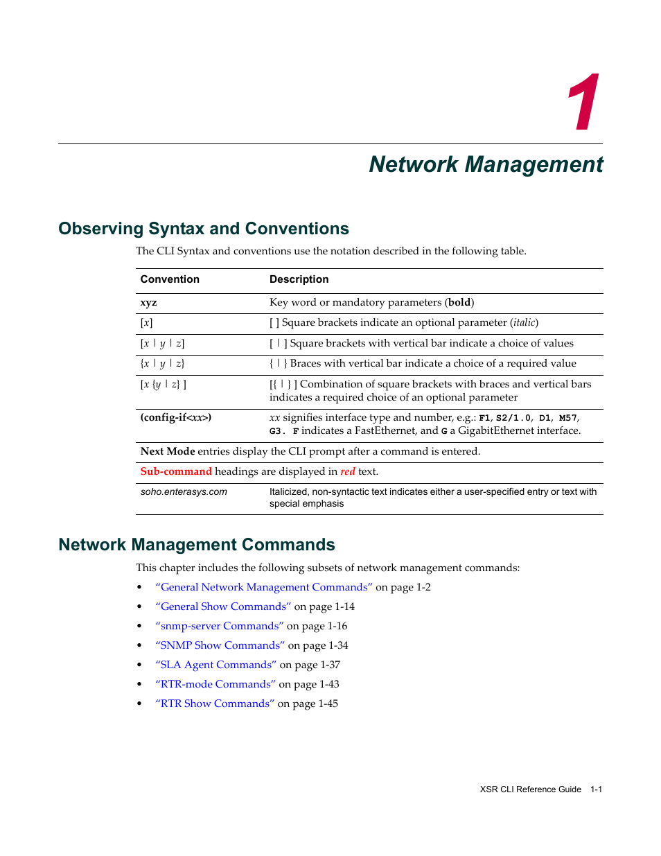 Network management, Observing syntax and conventions, Network management commands | Chapter 1: network management | Enterasys Networks X-Pedition XSR CLI User Manual | Page 15 / 684