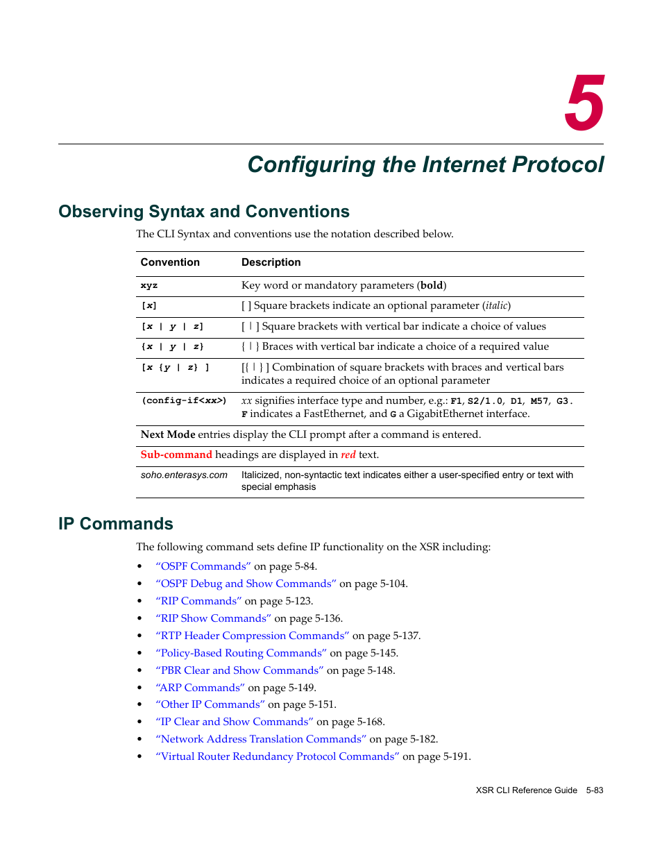 Configuring the internet protocol, Observing syntax and conventions, Ip commands | Chapter 5: configuring the internet protocol | Enterasys Networks X-Pedition XSR CLI User Manual | Page 159 / 684