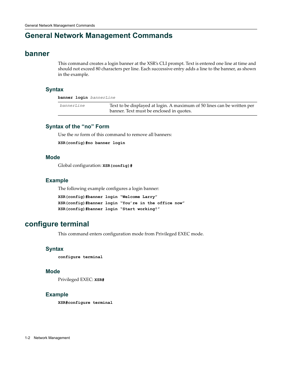 General network management commands, General network management commands -2, General network management commands banner | Configure terminal | Enterasys Networks X-Pedition XSR CLI User Manual | Page 16 / 684