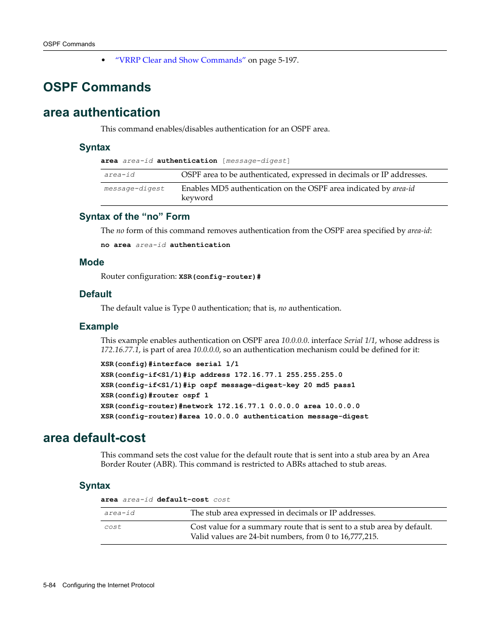 Ospf commands, Ospf commands -84, Ospf commands area authentication | Area default-cost | Enterasys Networks X-Pedition XSR CLI User Manual | Page 160 / 684
