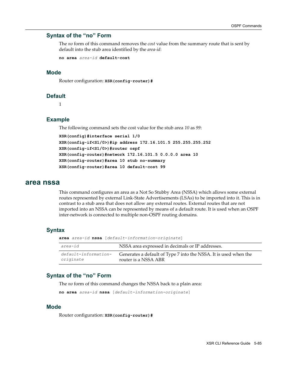 Area nssa | Enterasys Networks X-Pedition XSR CLI User Manual | Page 161 / 684