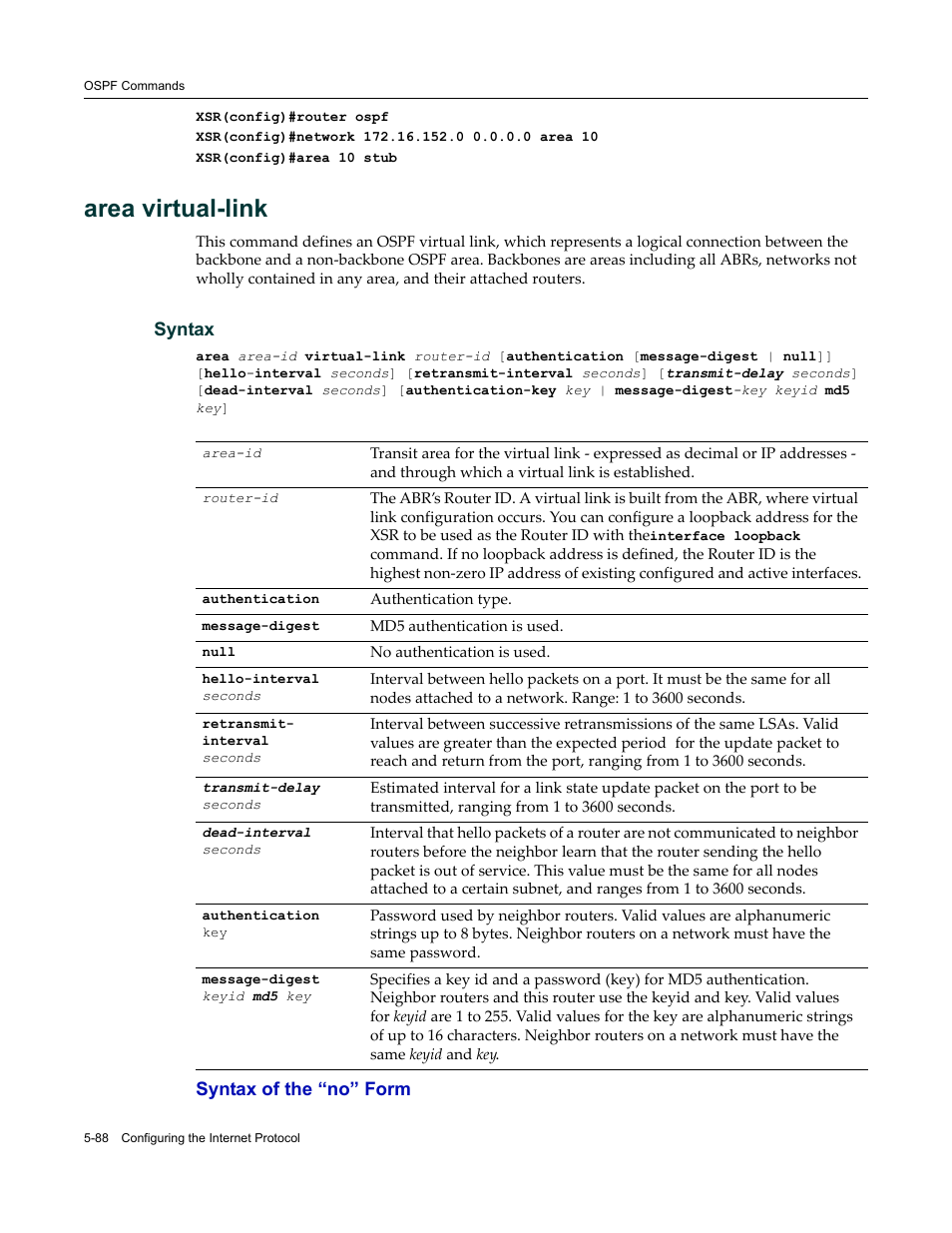 Area virtual-link | Enterasys Networks X-Pedition XSR CLI User Manual | Page 164 / 684