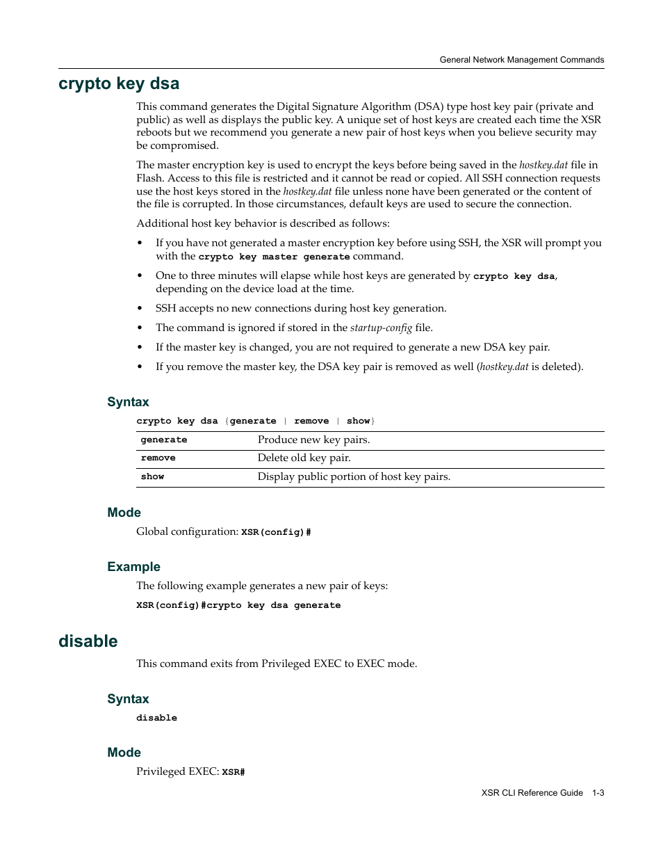 Crypto key dsa, Disable | Enterasys Networks X-Pedition XSR CLI User Manual | Page 17 / 684