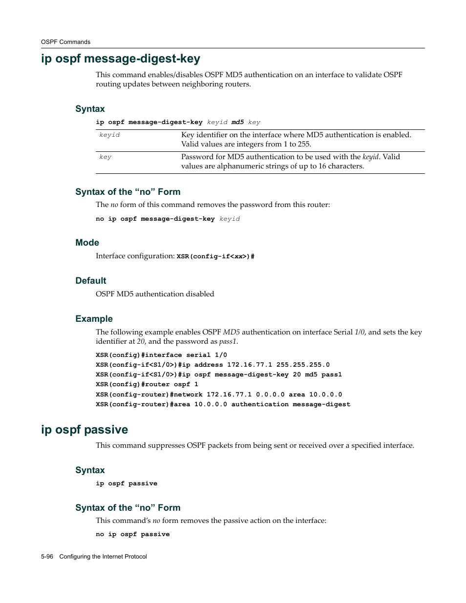 Ip ospf message-digest-key, Ip ospf passive | Enterasys Networks X-Pedition XSR CLI User Manual | Page 172 / 684