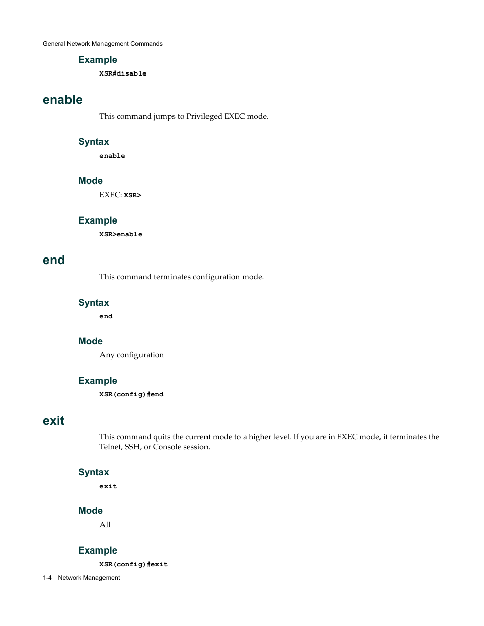Enable, Exit | Enterasys Networks X-Pedition XSR CLI User Manual | Page 18 / 684