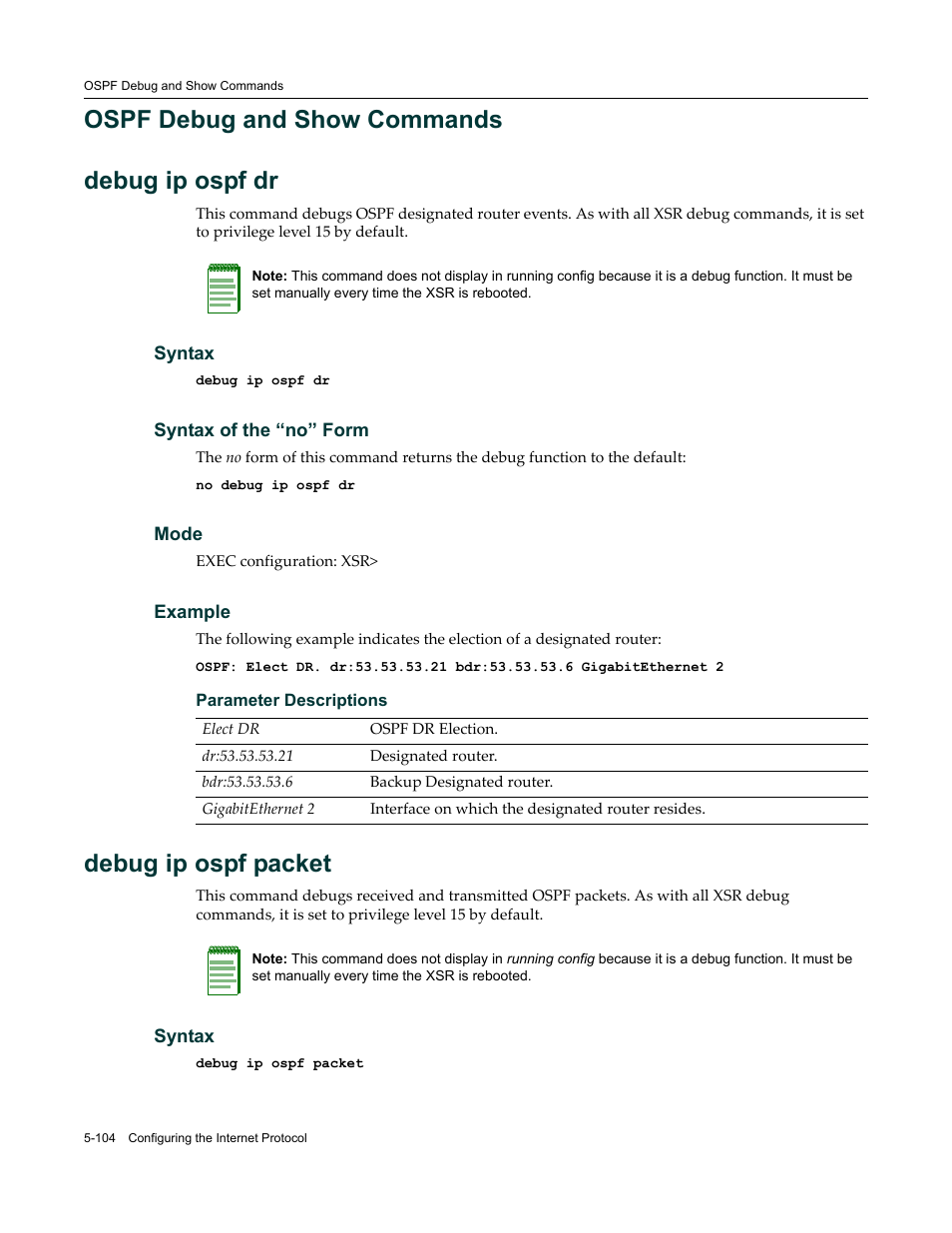 Ospf debug and show commands, Ospf debug and show commands -104, Ospf debug and show commands debug ip ospf dr | Debug ip ospf packet | Enterasys Networks X-Pedition XSR CLI User Manual | Page 180 / 684