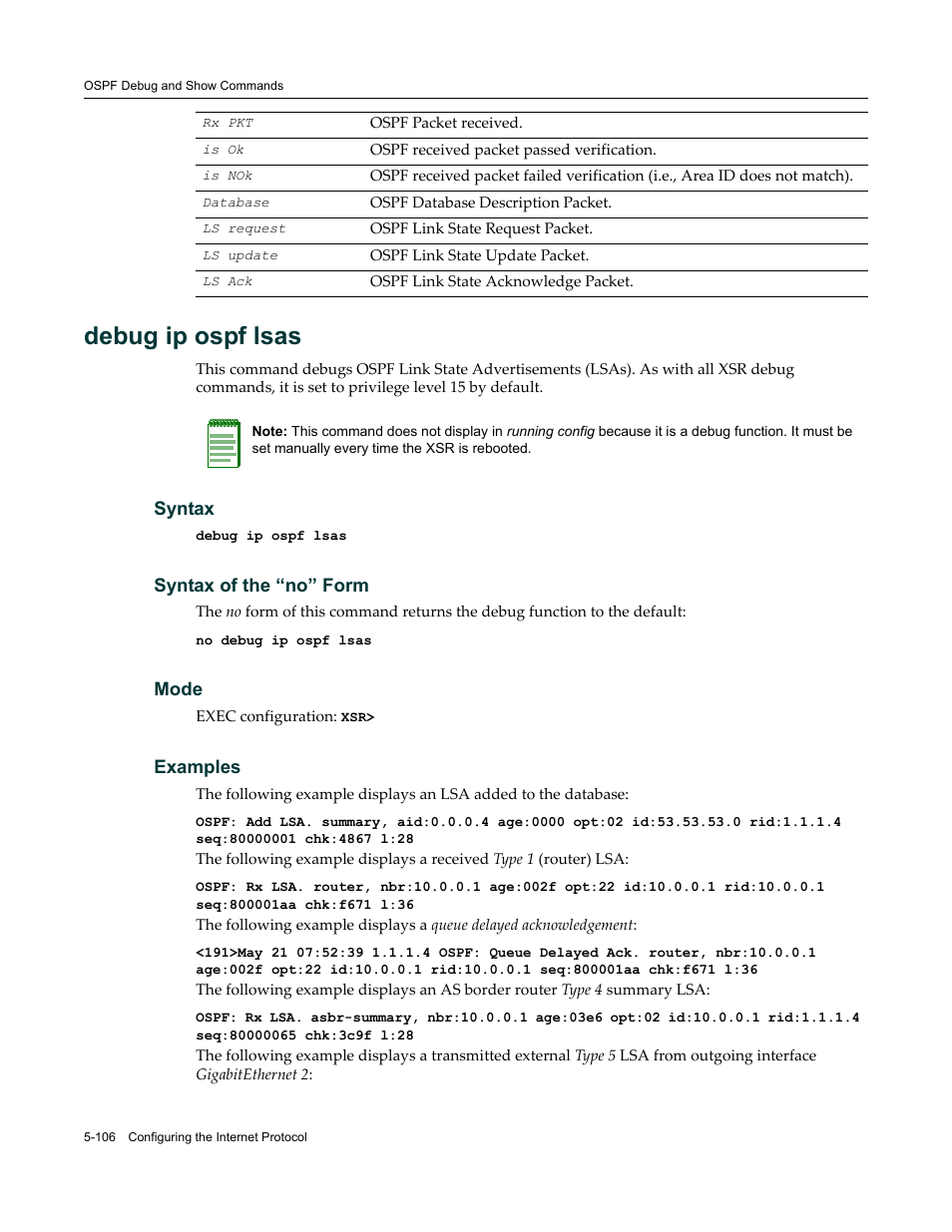 Debug ip ospf lsas | Enterasys Networks X-Pedition XSR CLI User Manual | Page 182 / 684