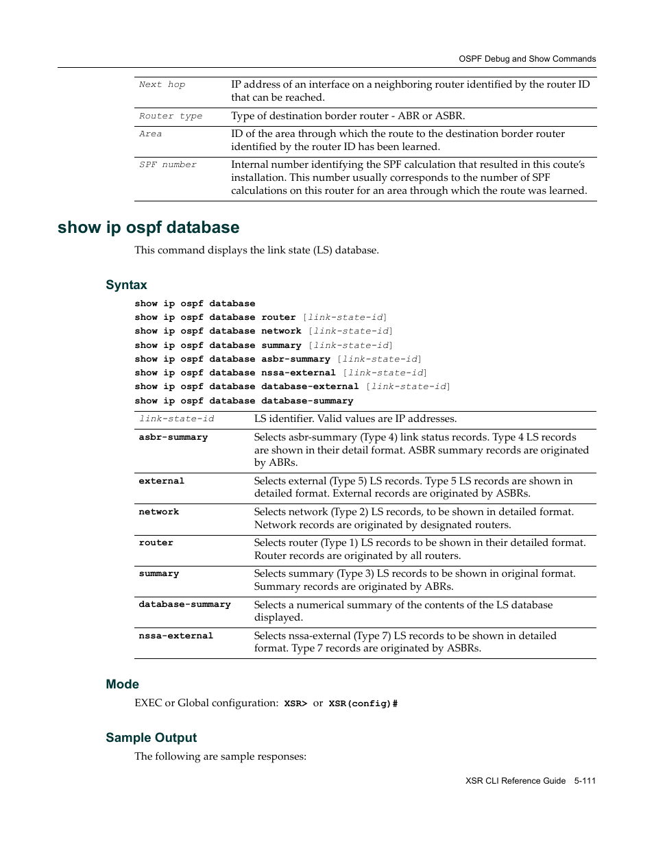 Show ip ospf database | Enterasys Networks X-Pedition XSR CLI User Manual | Page 187 / 684