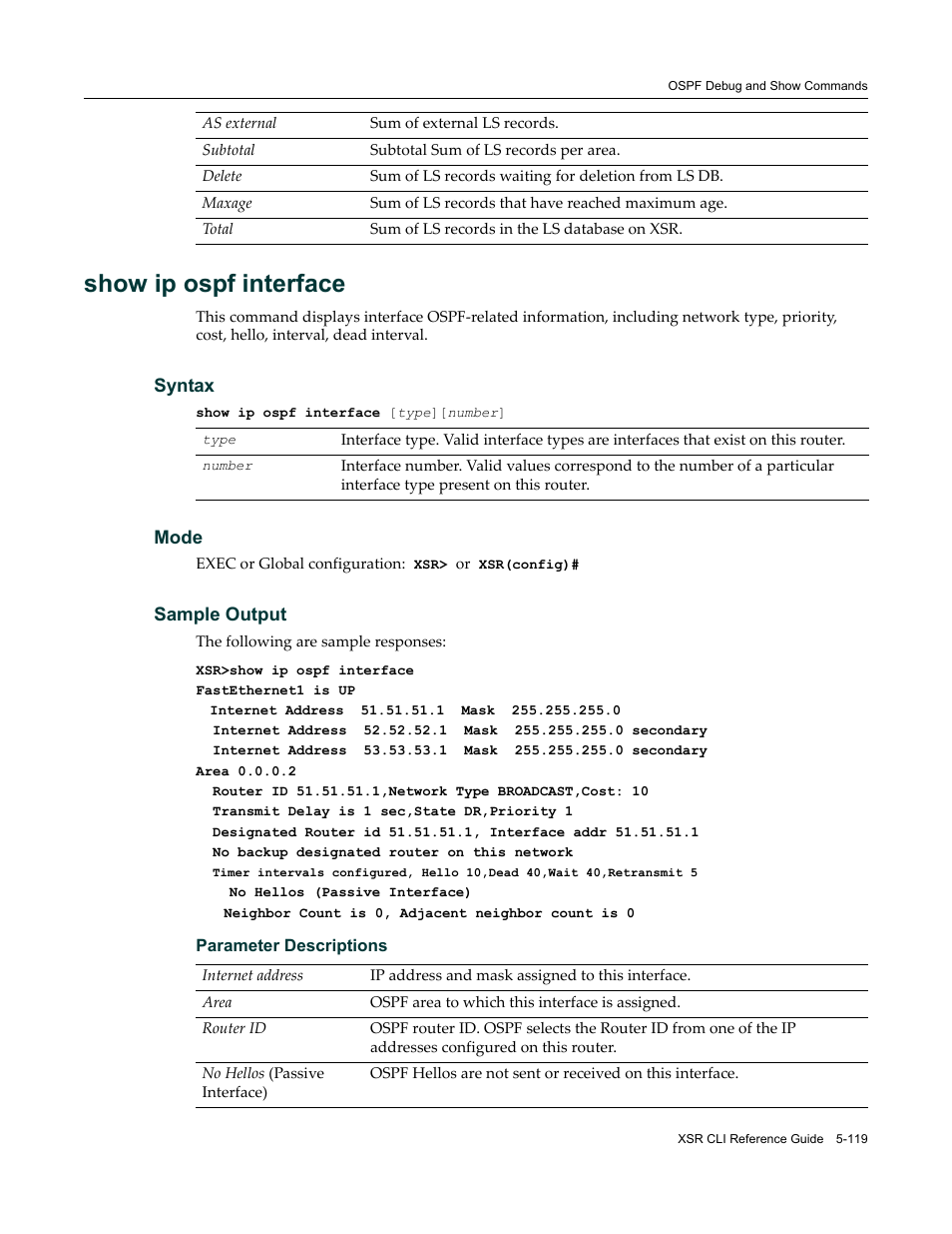 Show ip ospf interface | Enterasys Networks X-Pedition XSR CLI User Manual | Page 195 / 684