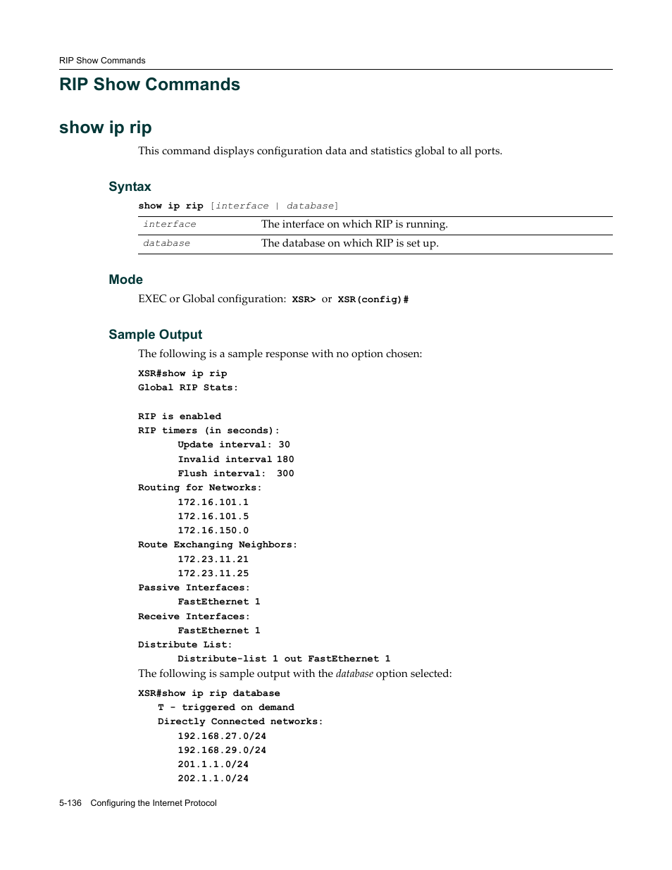 Rip show commands, Rip show commands -136, Rip show commands show ip rip | Enterasys Networks X-Pedition XSR CLI User Manual | Page 212 / 684