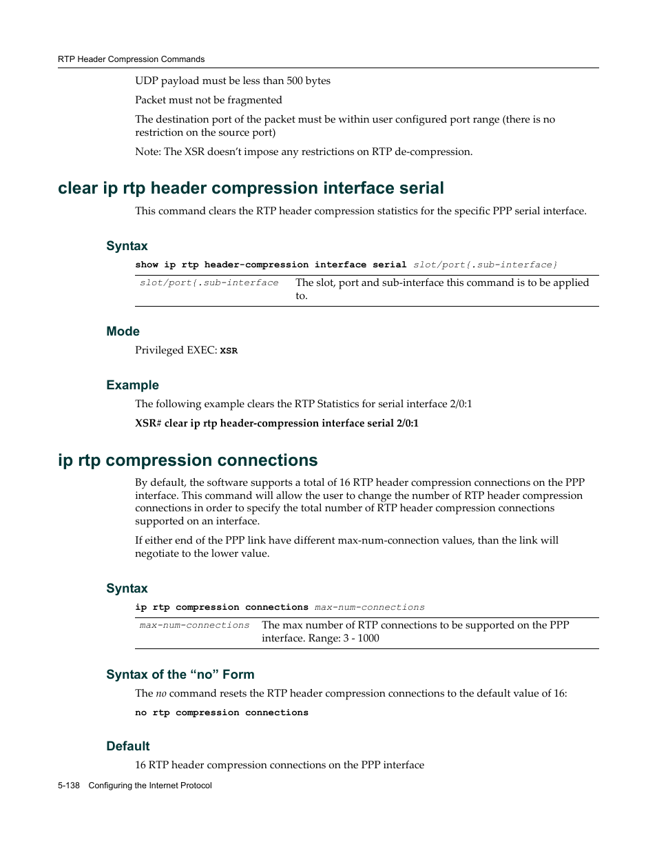 Clear ip rtp header compression interface serial, Ip rtp compression connections | Enterasys Networks X-Pedition XSR CLI User Manual | Page 214 / 684