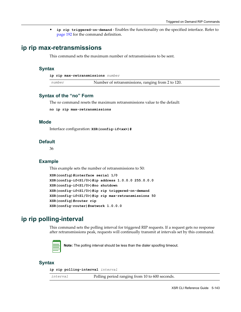 Ip rip max-retransmissions, Ip rip polling-interval | Enterasys Networks X-Pedition XSR CLI User Manual | Page 219 / 684