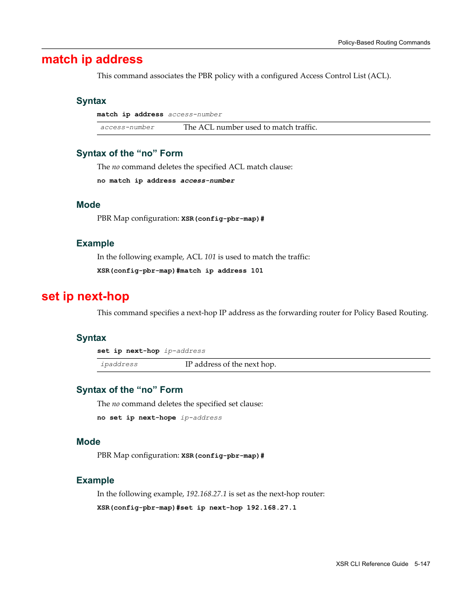 Match ip address, Set ip next-hop | Enterasys Networks X-Pedition XSR CLI User Manual | Page 223 / 684