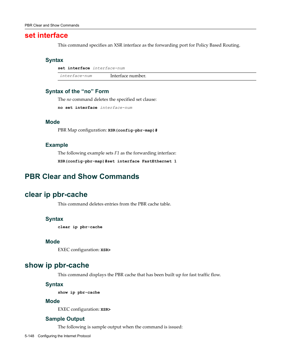 Pbr clear and show commands, Pbr clear and show commands -148, Set interface | Pbr clear and show commands clear ip pbr-cache, Show ip pbr-cache | Enterasys Networks X-Pedition XSR CLI User Manual | Page 224 / 684