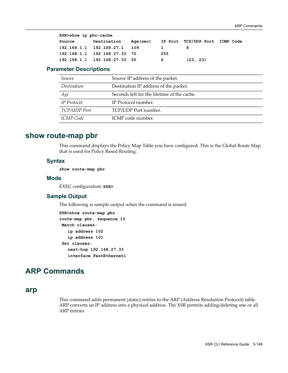 Arp commands, Arp commands -149, Show route-map pbr | Arp commands arp | Enterasys Networks X-Pedition XSR CLI User Manual | Page 225 / 684