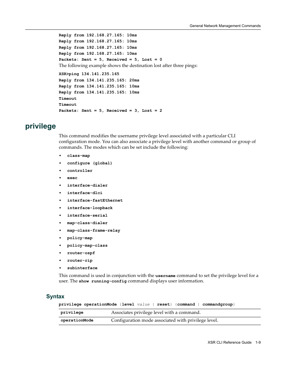 Privilege, Syntax | Enterasys Networks X-Pedition XSR CLI User Manual | Page 23 / 684