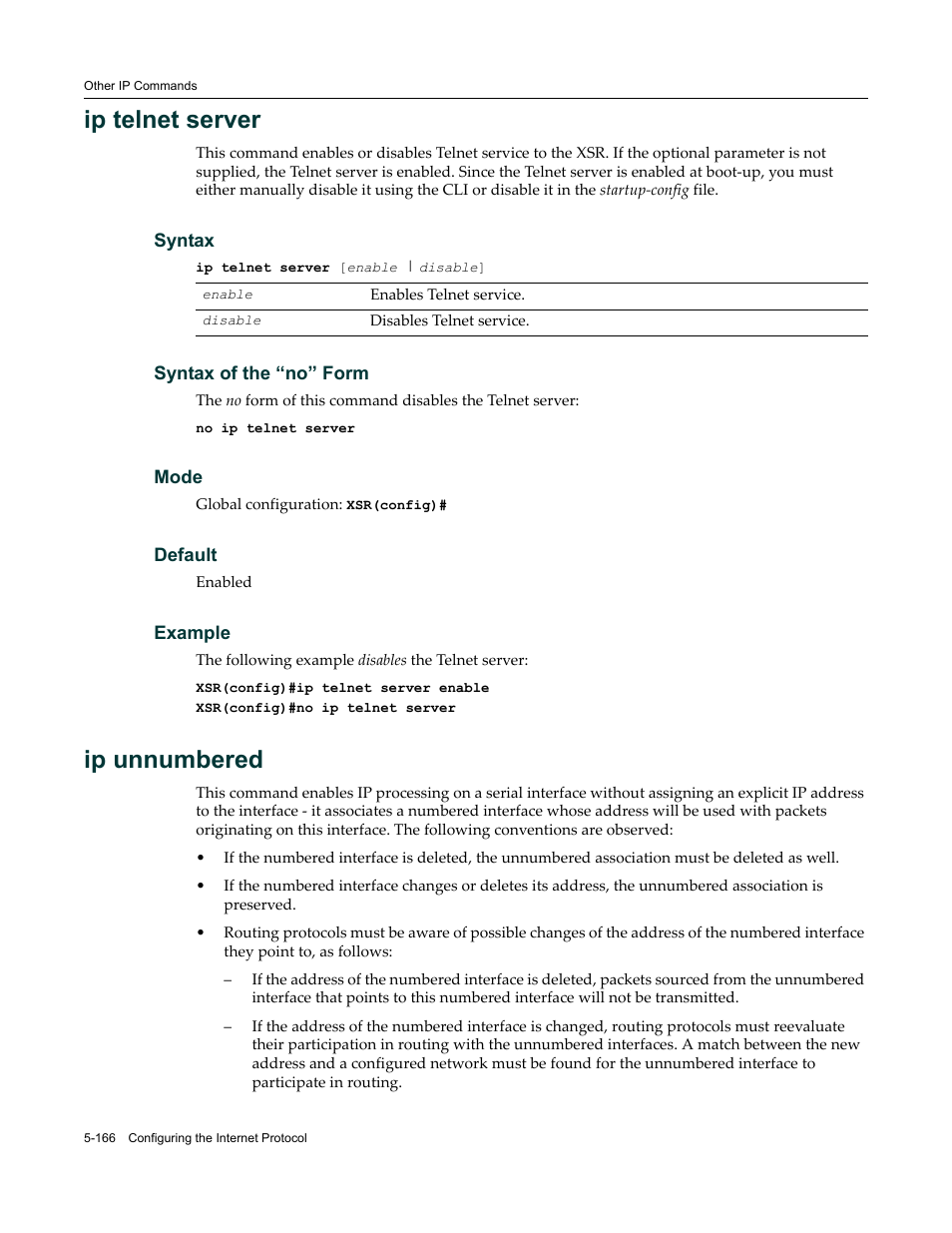 Ip telnet server, Ip unnumbered | Enterasys Networks X-Pedition XSR CLI User Manual | Page 242 / 684