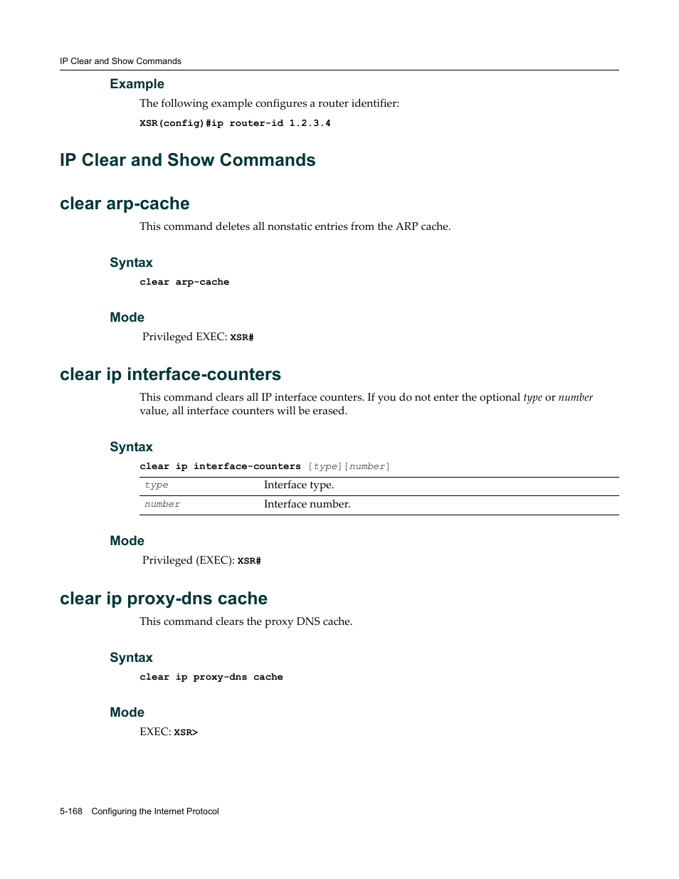 Ip clear and show commands, Ip clear and show commands -168, Ip clear and show commands clear arp-cache | Clear ip interface-counters, Clear ip proxy-dns cache | Enterasys Networks X-Pedition XSR CLI User Manual | Page 244 / 684