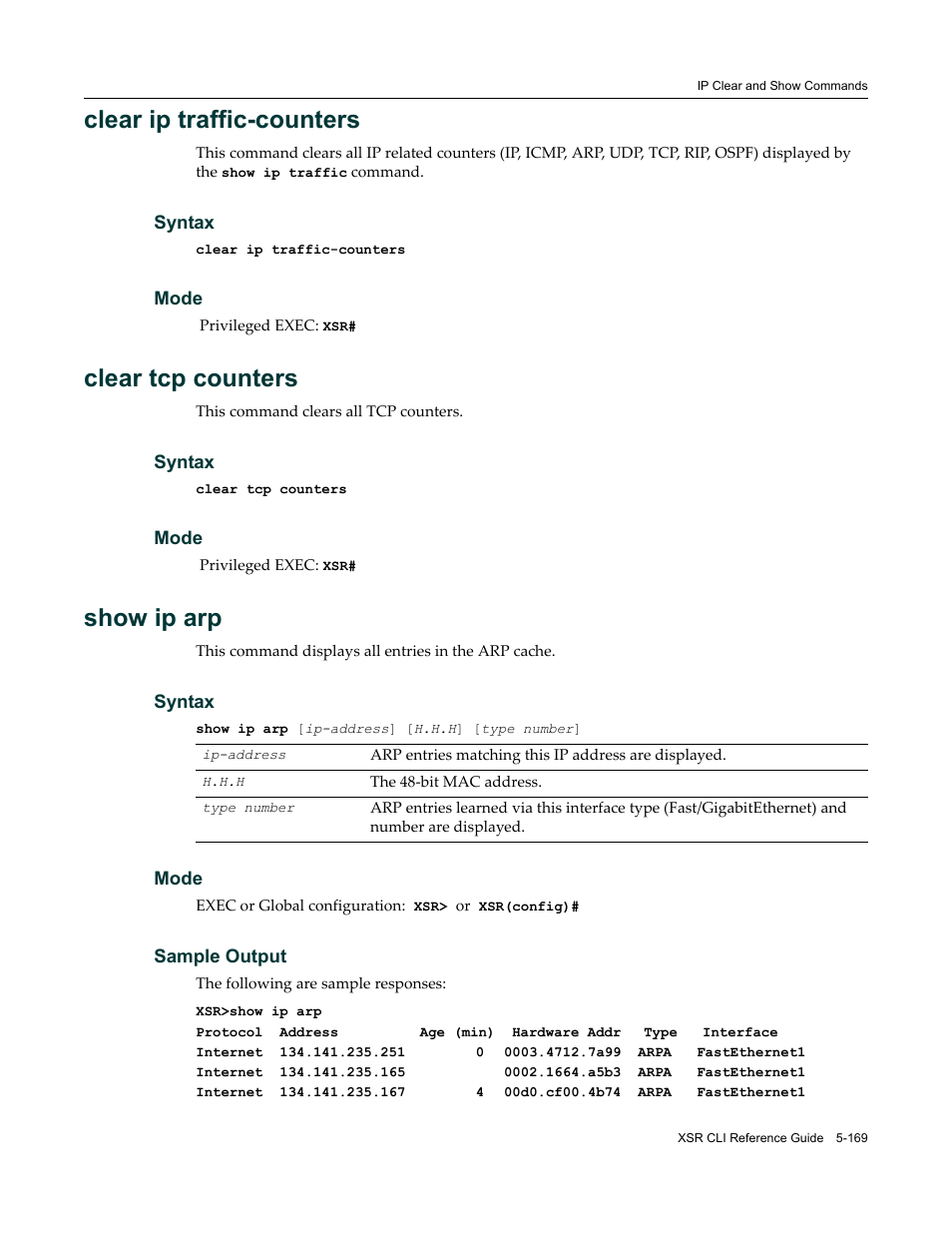 Clear ip traffic-counters, Clear tcp counters, Show ip arp | Enterasys Networks X-Pedition XSR CLI User Manual | Page 245 / 684