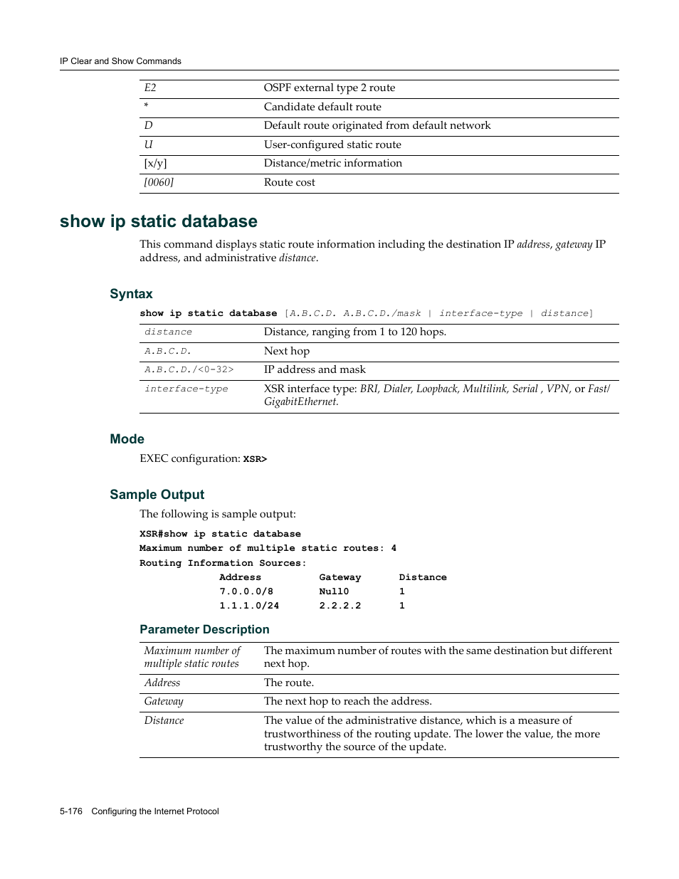 Show ip static database | Enterasys Networks X-Pedition XSR CLI User Manual | Page 252 / 684