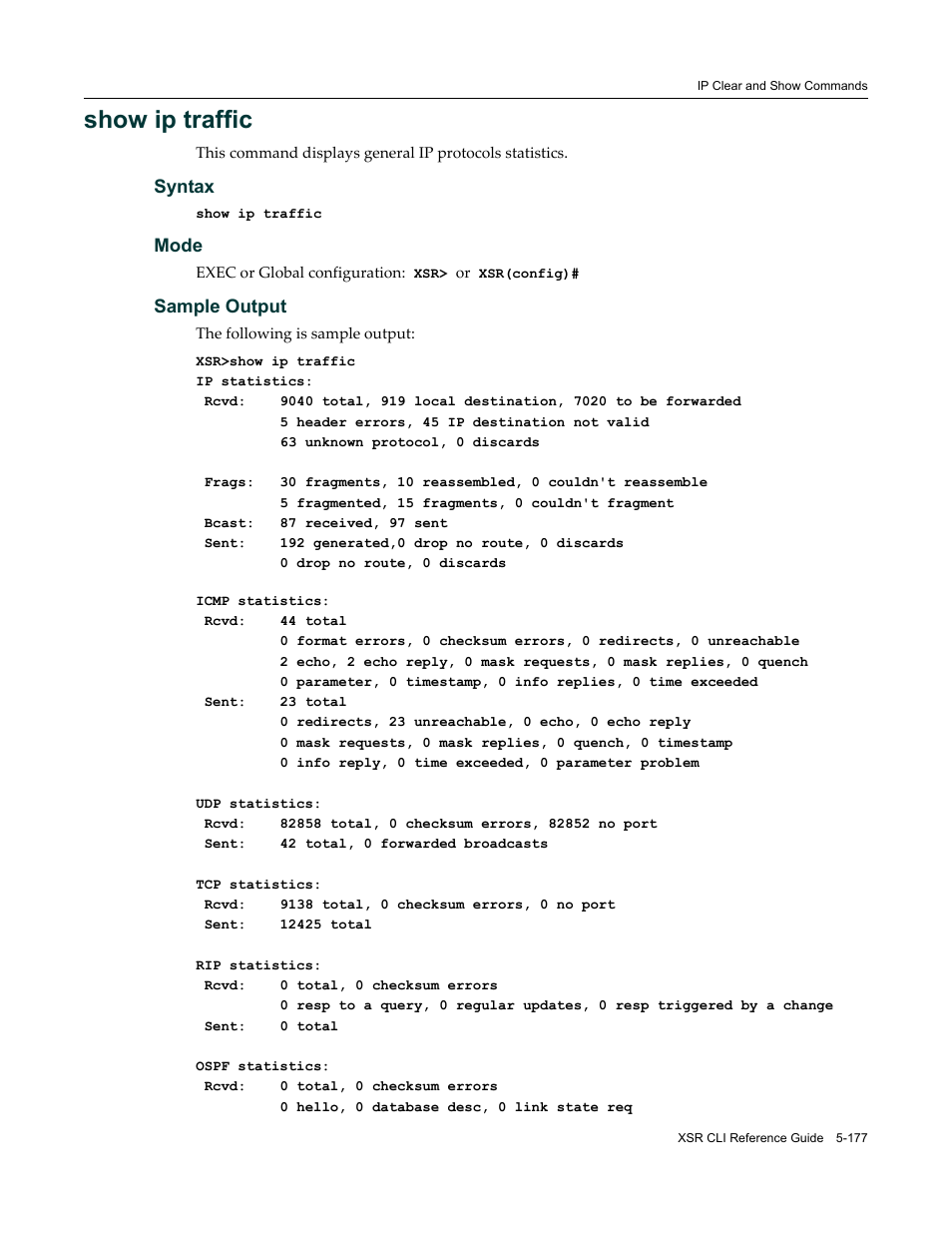 Show ip traffic, Syntax, Mode | Sample output | Enterasys Networks X-Pedition XSR CLI User Manual | Page 253 / 684