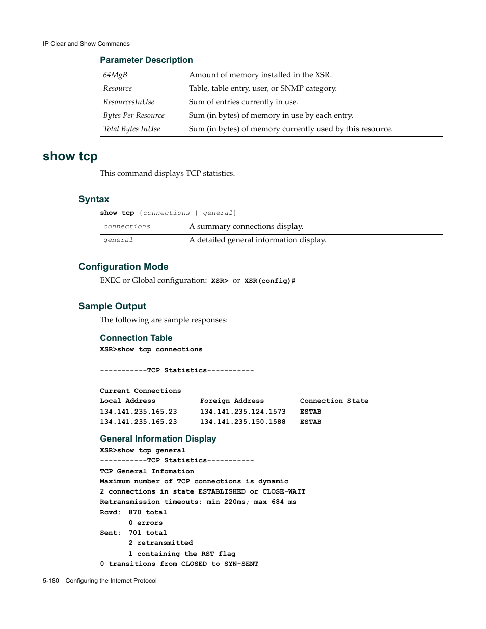 Show tcp | Enterasys Networks X-Pedition XSR CLI User Manual | Page 256 / 684