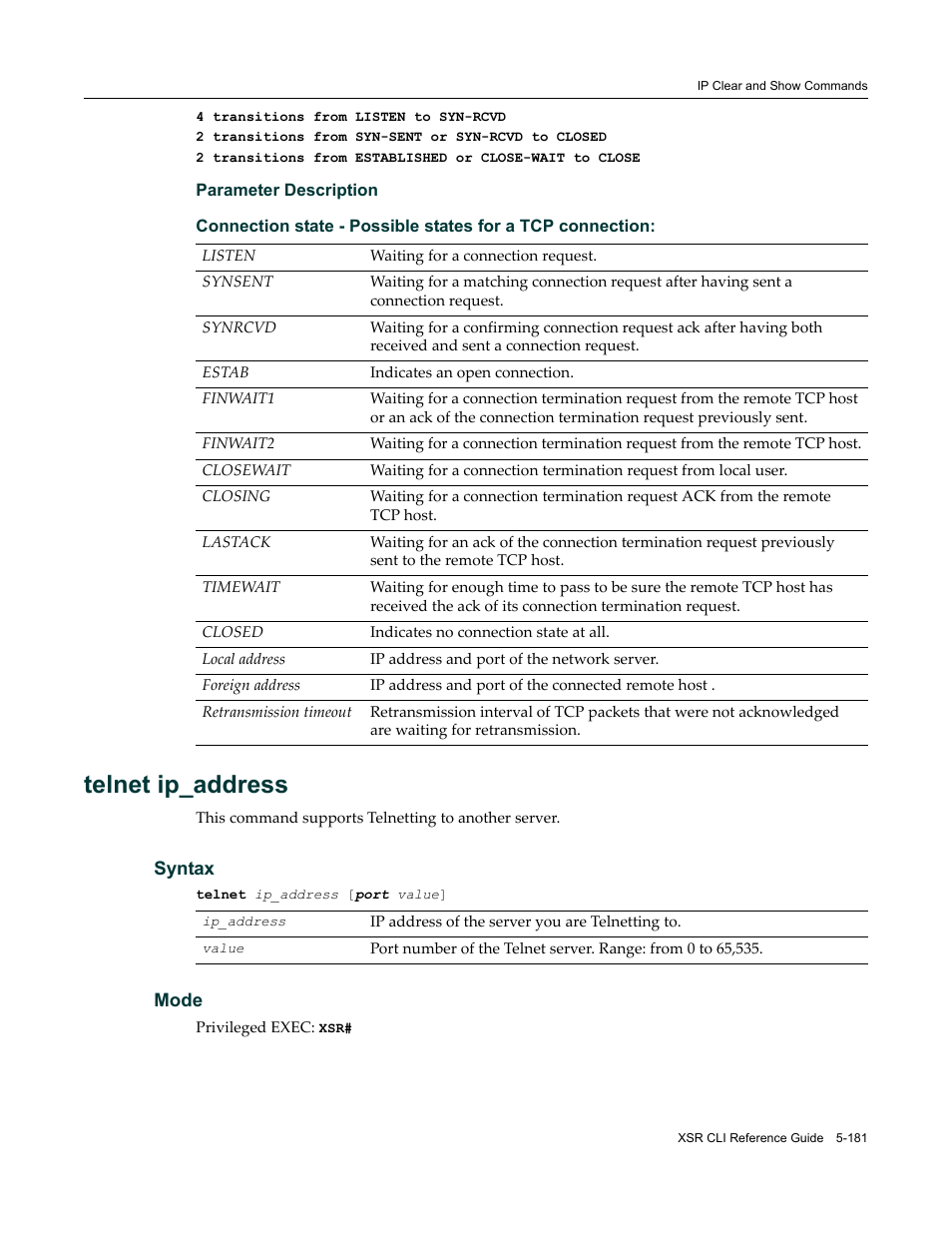 Telnet ip_address | Enterasys Networks X-Pedition XSR CLI User Manual | Page 257 / 684