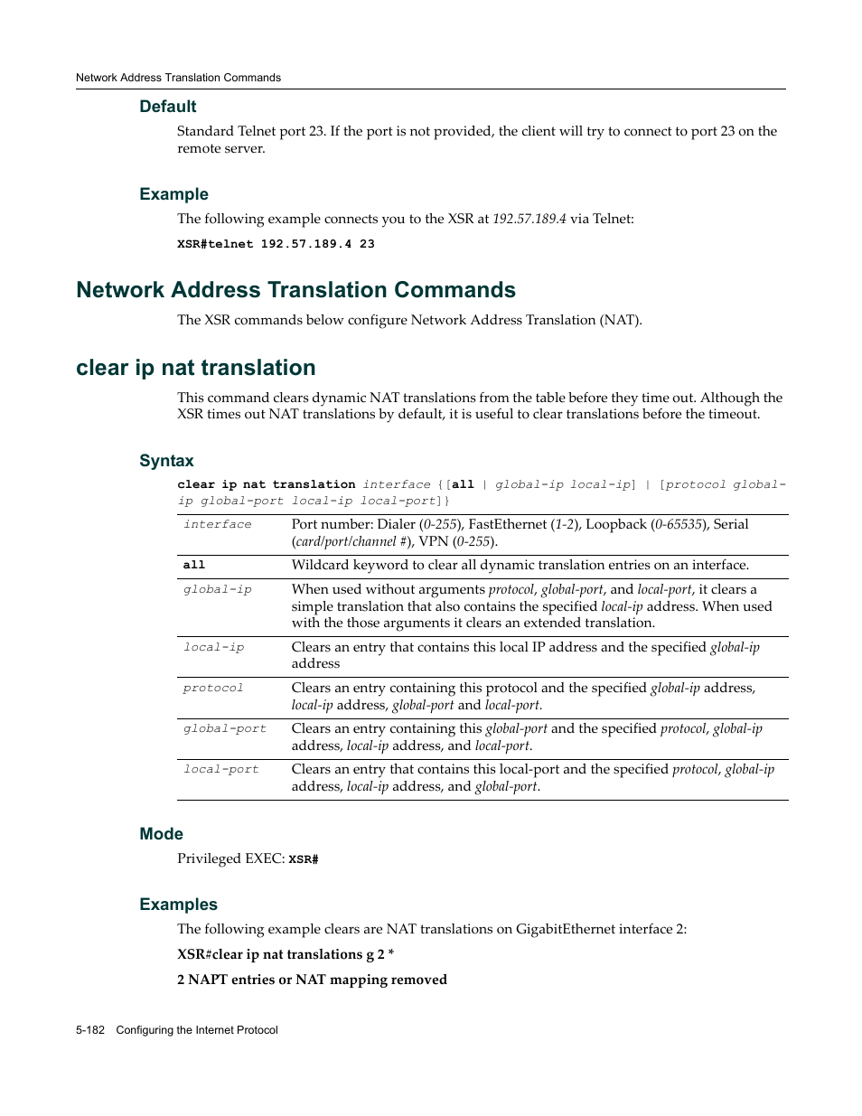 Network address translation commands, Network address translation commands -182, Clear ip nat translation | Enterasys Networks X-Pedition XSR CLI User Manual | Page 258 / 684