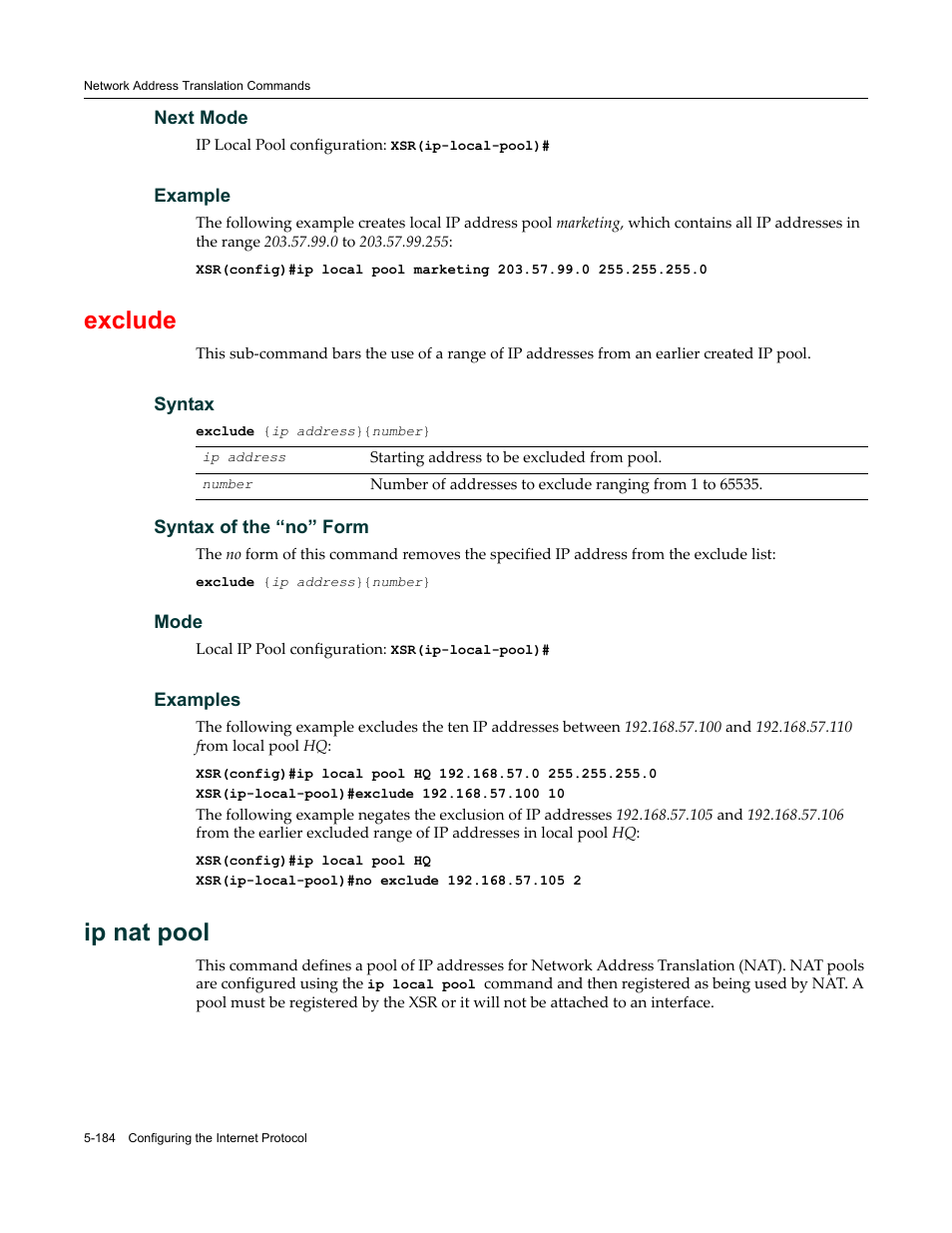 Exclude, Ip nat pool | Enterasys Networks X-Pedition XSR CLI User Manual | Page 260 / 684