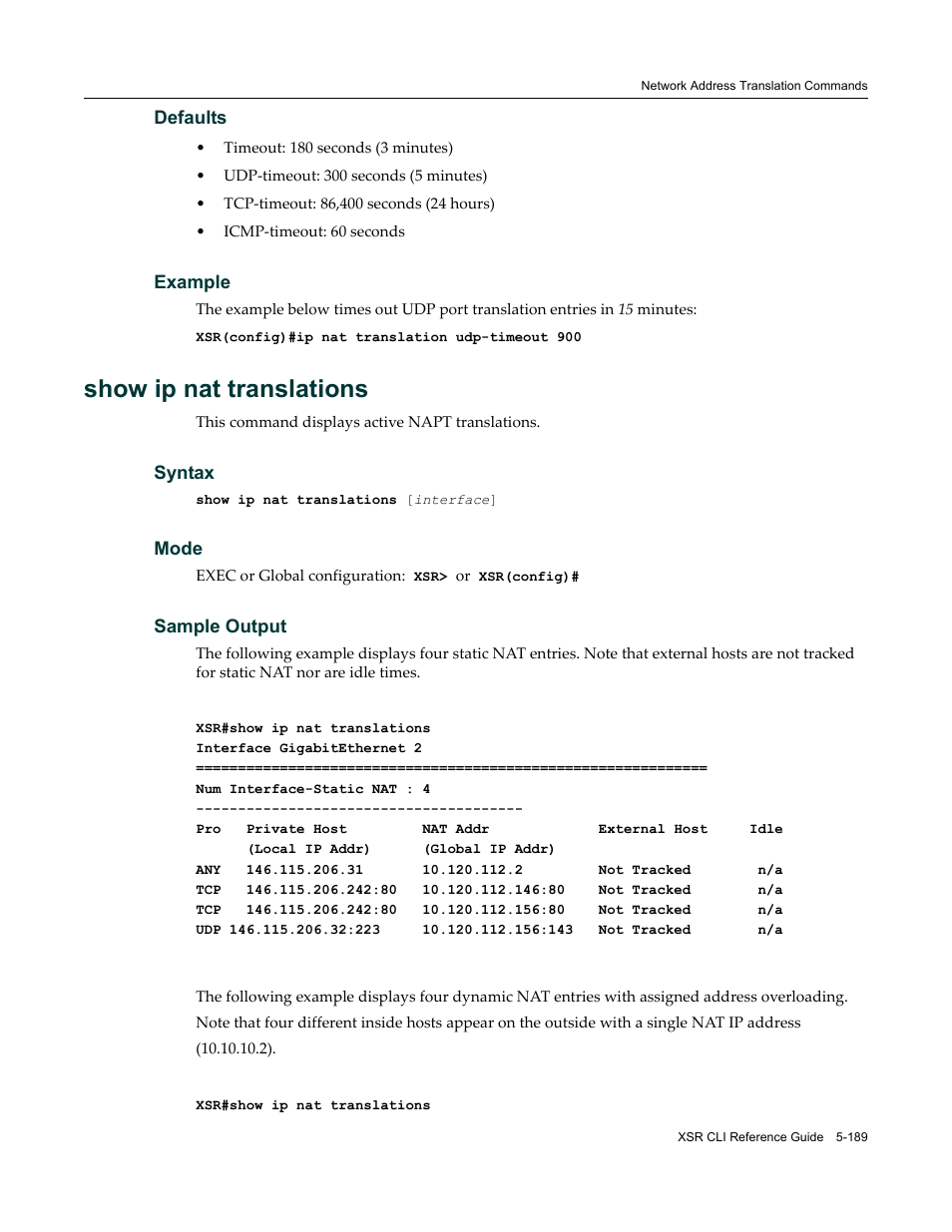 Show ip nat translations | Enterasys Networks X-Pedition XSR CLI User Manual | Page 265 / 684