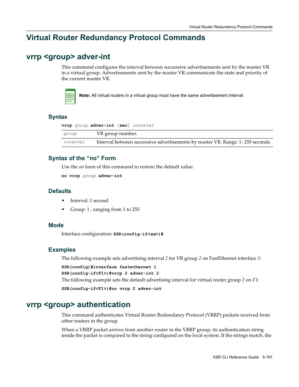 Virtual router redundancy protocol commands, Virtual router redundancy protocol commands -191, Vrrp <group> authentication | Enterasys Networks X-Pedition XSR CLI User Manual | Page 267 / 684