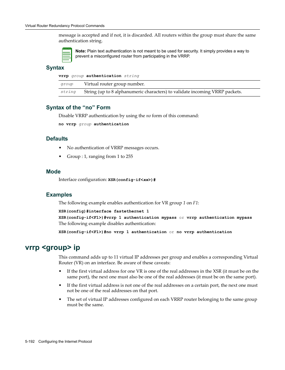 Vrrp <group> ip | Enterasys Networks X-Pedition XSR CLI User Manual | Page 268 / 684