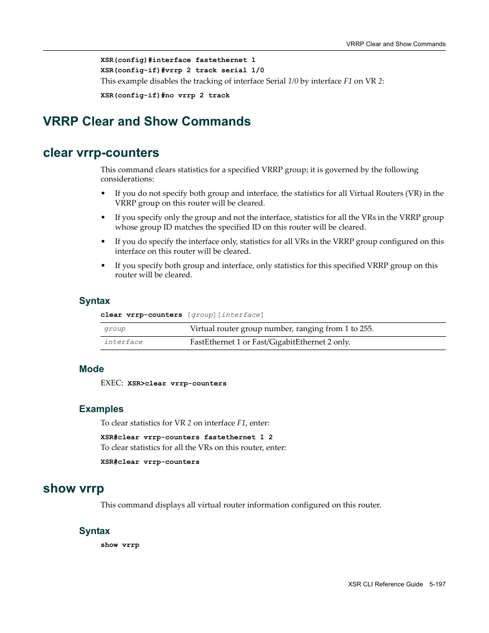 Vrrp clear and show commands, Vrrp clear and show commands -197, Vrrp clear and show commands clear vrrp-counters | Show vrrp | Enterasys Networks X-Pedition XSR CLI User Manual | Page 273 / 684