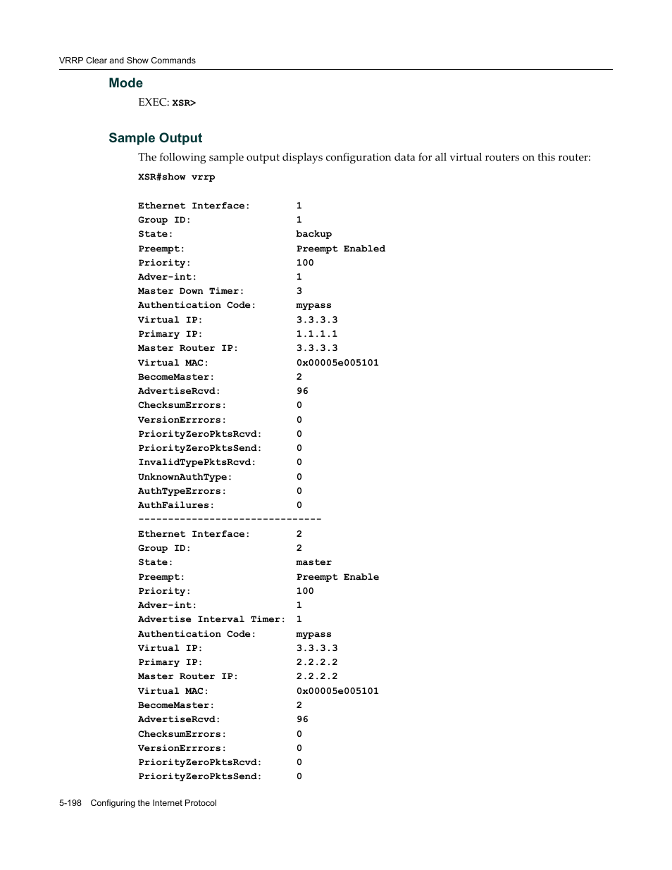 Mode, Sample output | Enterasys Networks X-Pedition XSR CLI User Manual | Page 274 / 684