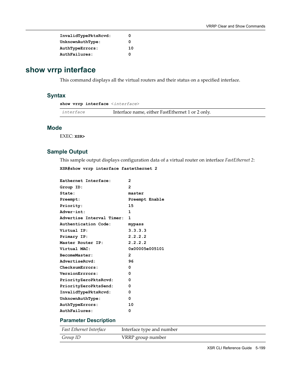 Show vrrp interface, Syntax, Mode | Sample output | Enterasys Networks X-Pedition XSR CLI User Manual | Page 275 / 684