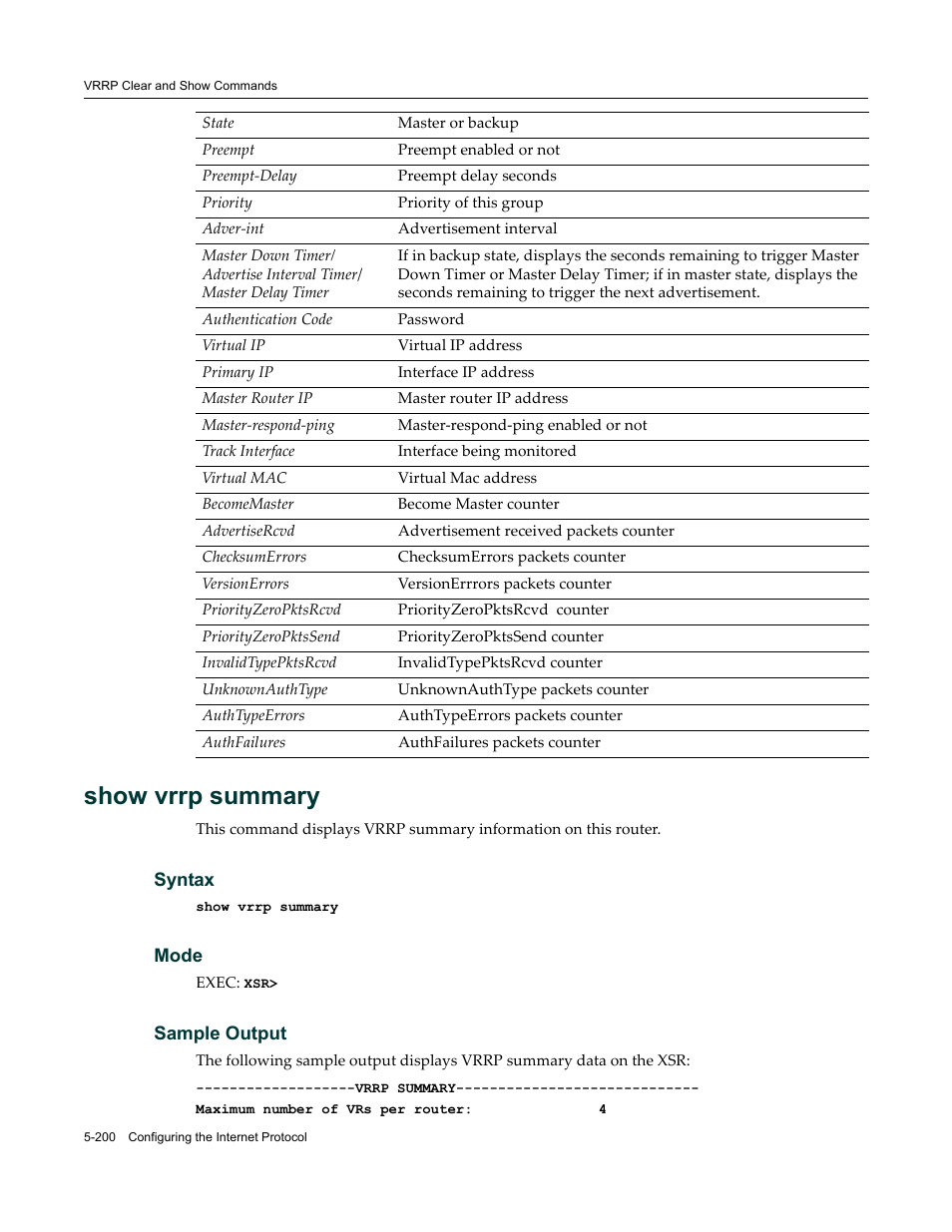 Show vrrp summary | Enterasys Networks X-Pedition XSR CLI User Manual | Page 276 / 684