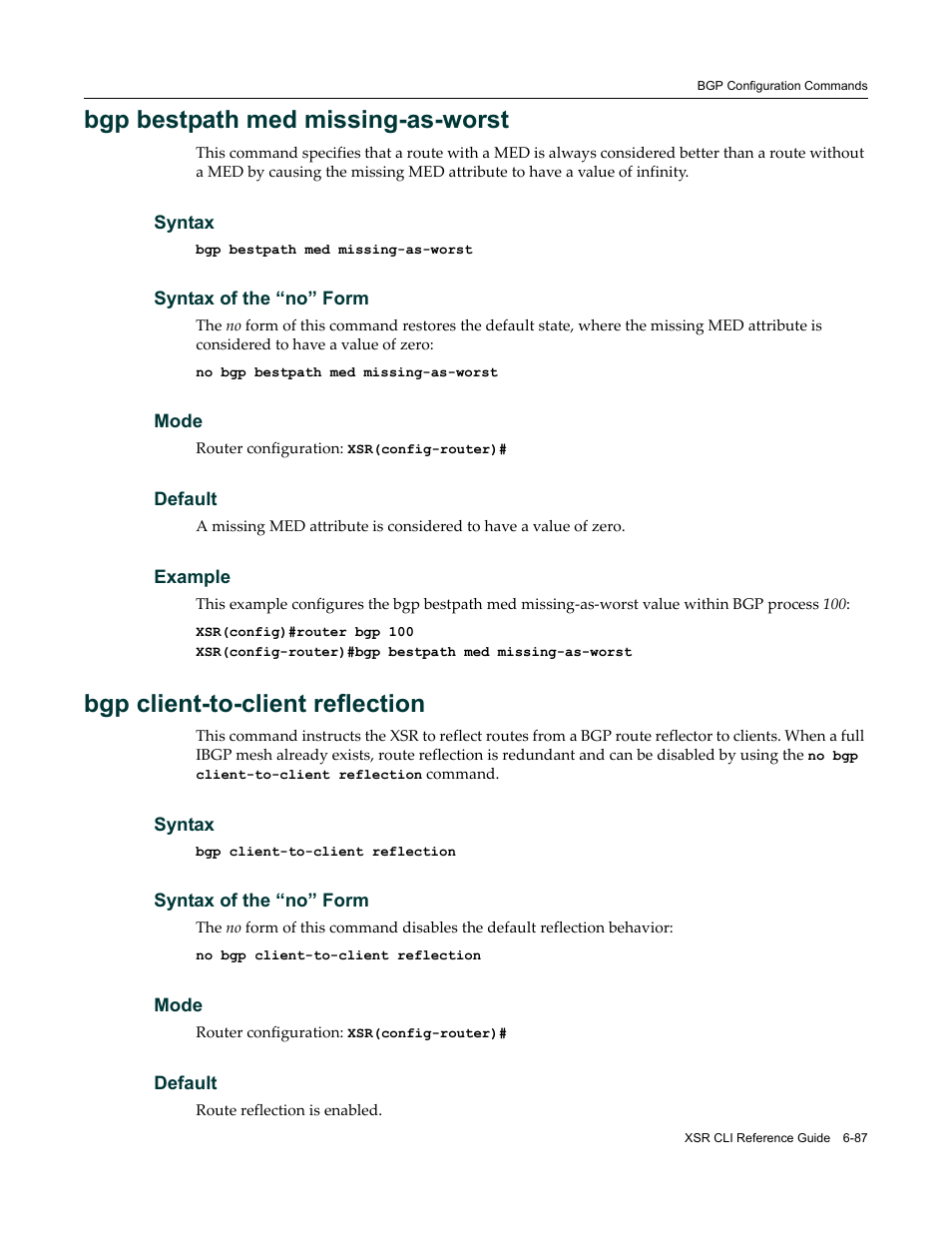 Bgp bestpath med missing-as-worst, Bgp client-to-client reflection | Enterasys Networks X-Pedition XSR CLI User Manual | Page 283 / 684