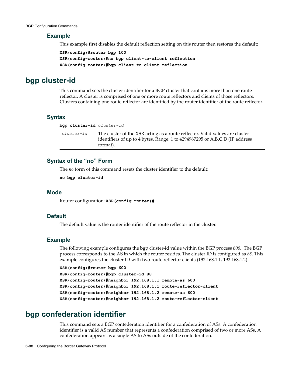 Bgp cluster-id, Bgp confederation identifier | Enterasys Networks X-Pedition XSR CLI User Manual | Page 284 / 684
